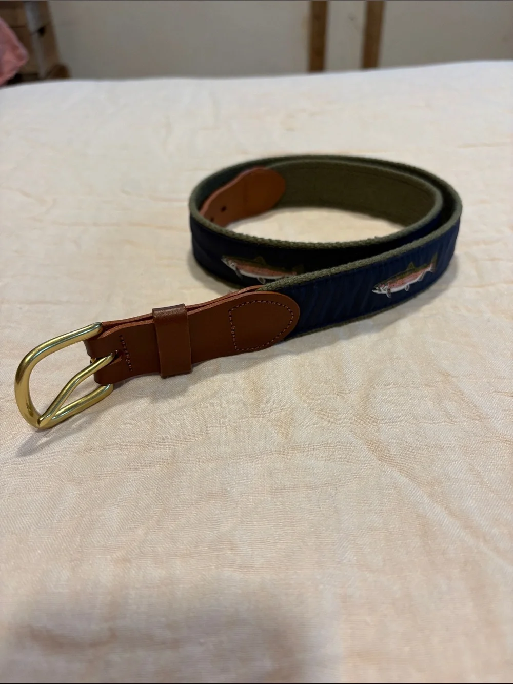 Men's Navy & Brown Embroidered Canvas Belt with Brass Buckle